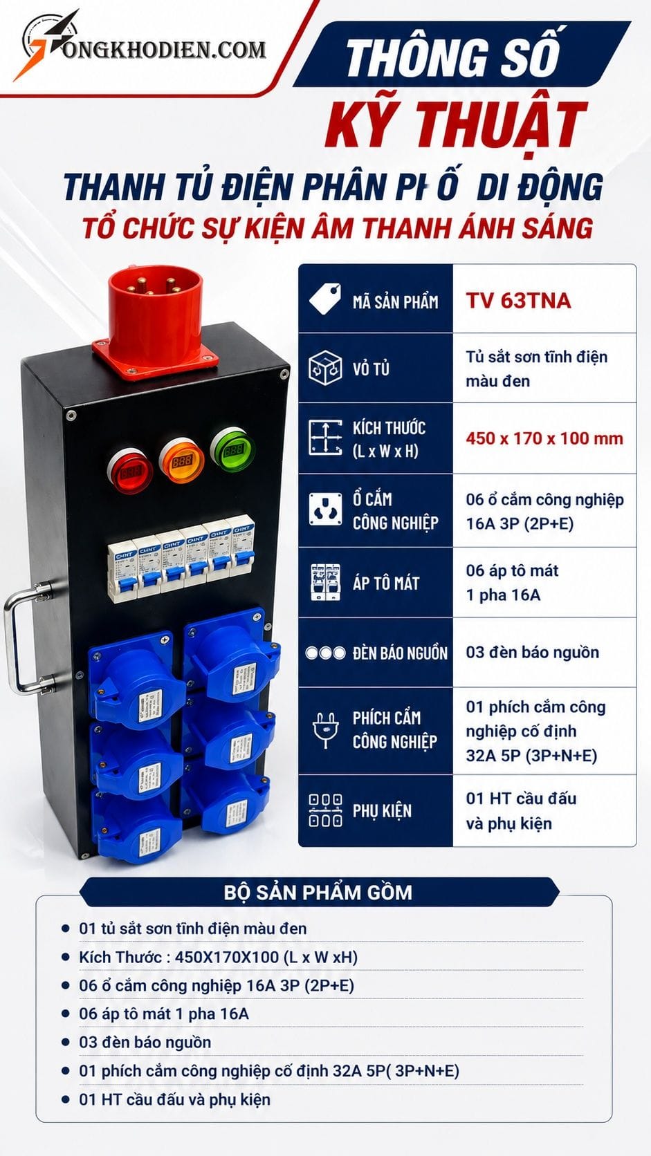 Thanh Tủ Điện Phân Phối Di Động 32A 8 Thông số kỹ thuật thanh tủ điện phân phối di động