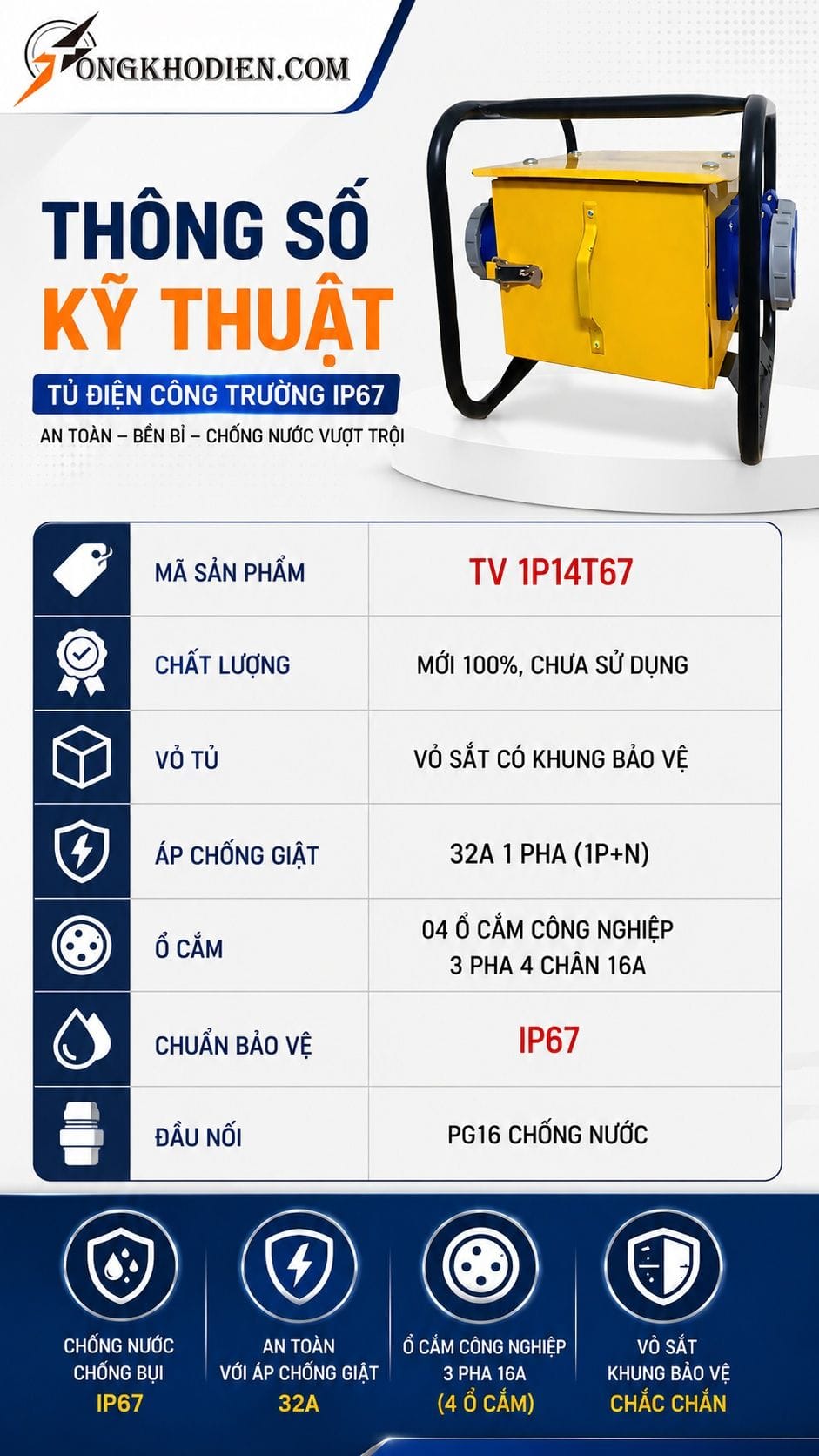 Tủ Điện Công Trường IP67 Chống Nước An Toàn 6 Thông số kỹ thuật tủ điện công trường IP67