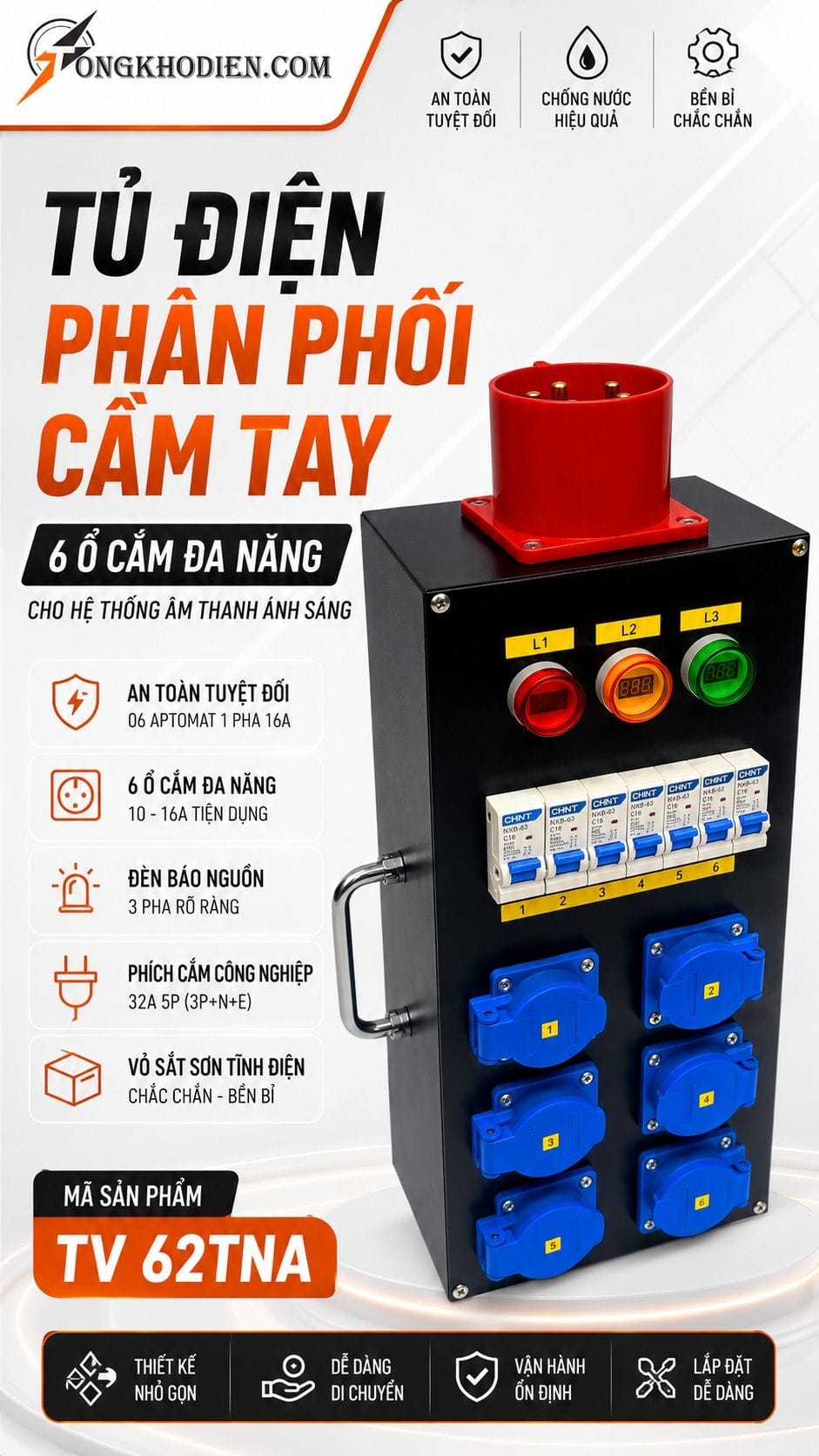Tủ Điện Phân Phối Cầm Tay 6 Ổ Cắm 7 Tủ điện phân phối cầm tay 6 ổ cắm đa năng