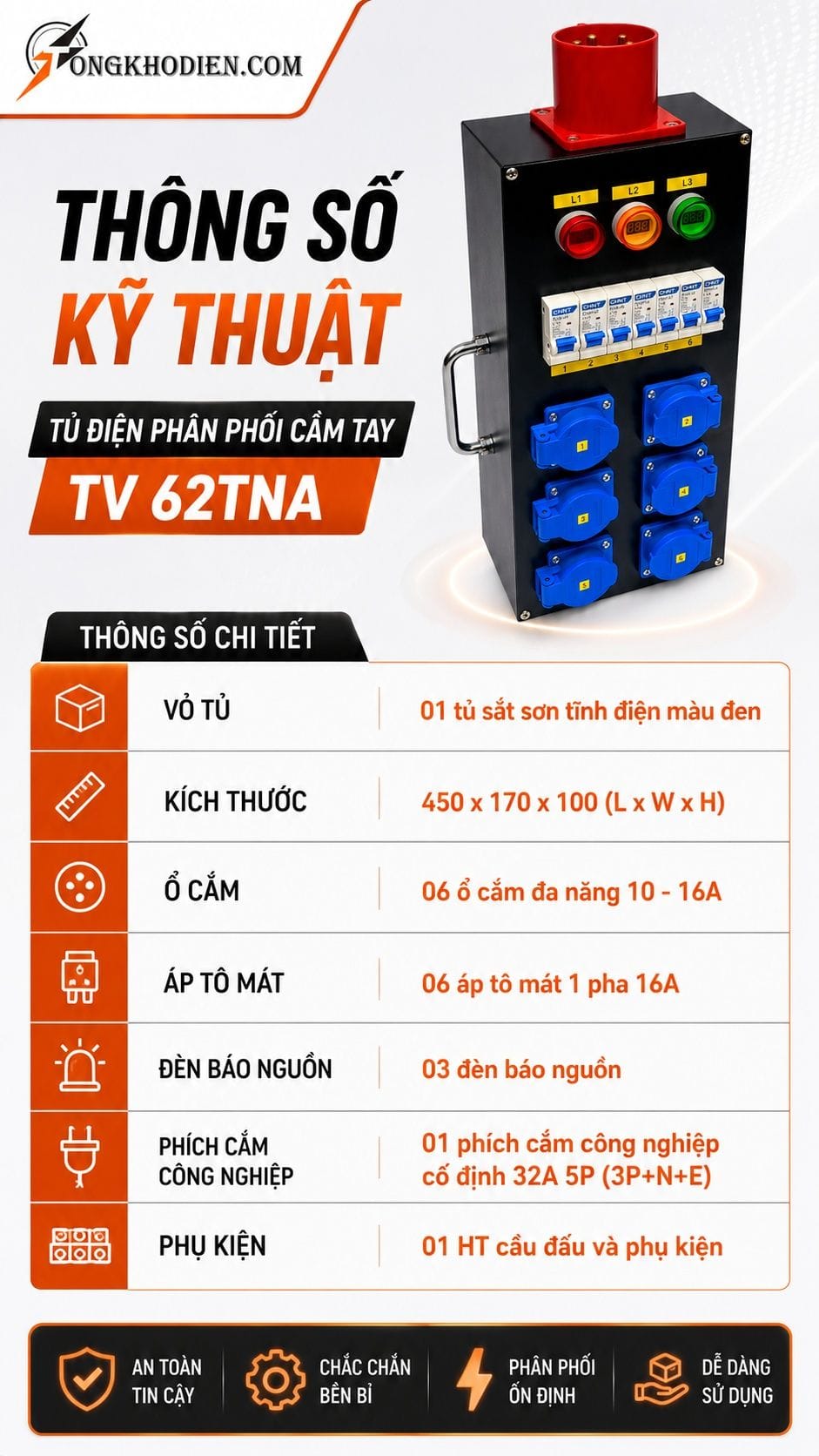 Tủ Điện Phân Phối Cầm Tay 6 Ổ Cắm 8 Thông số kỹ thuật tủ điện phân phối cầm tay