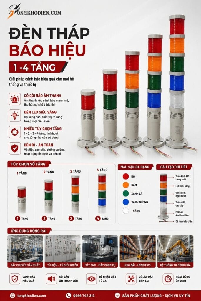 Đèn Tháp 2 Tầng Báo Hiệu LED 12-24V Chính Hãng Giá Tốt 8 Đèn Tháp báo hiệu 1-4 tầng