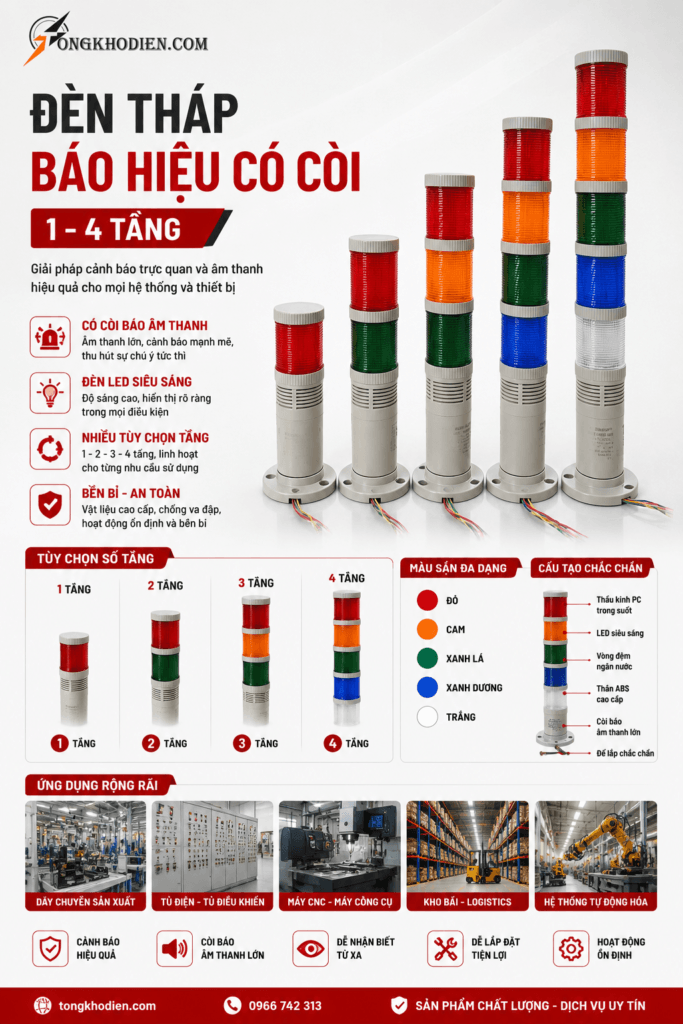 Đèn Tháp 2 Tầng Báo Hiệu Có Còi Chính Hãng, Cảnh Báo Hiệu Quả 7 Đèn Tháp có còi 1-4 tầng