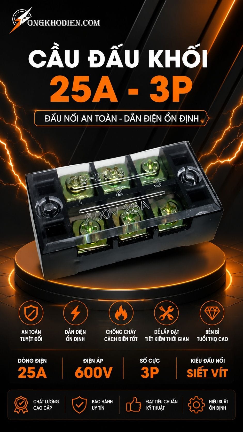 Cầu Đấu Dây Điện 25A 3 Cực An Toàn Dễ Lắp Đặt 5 Cầu đấu dây điện 25A 3 cực