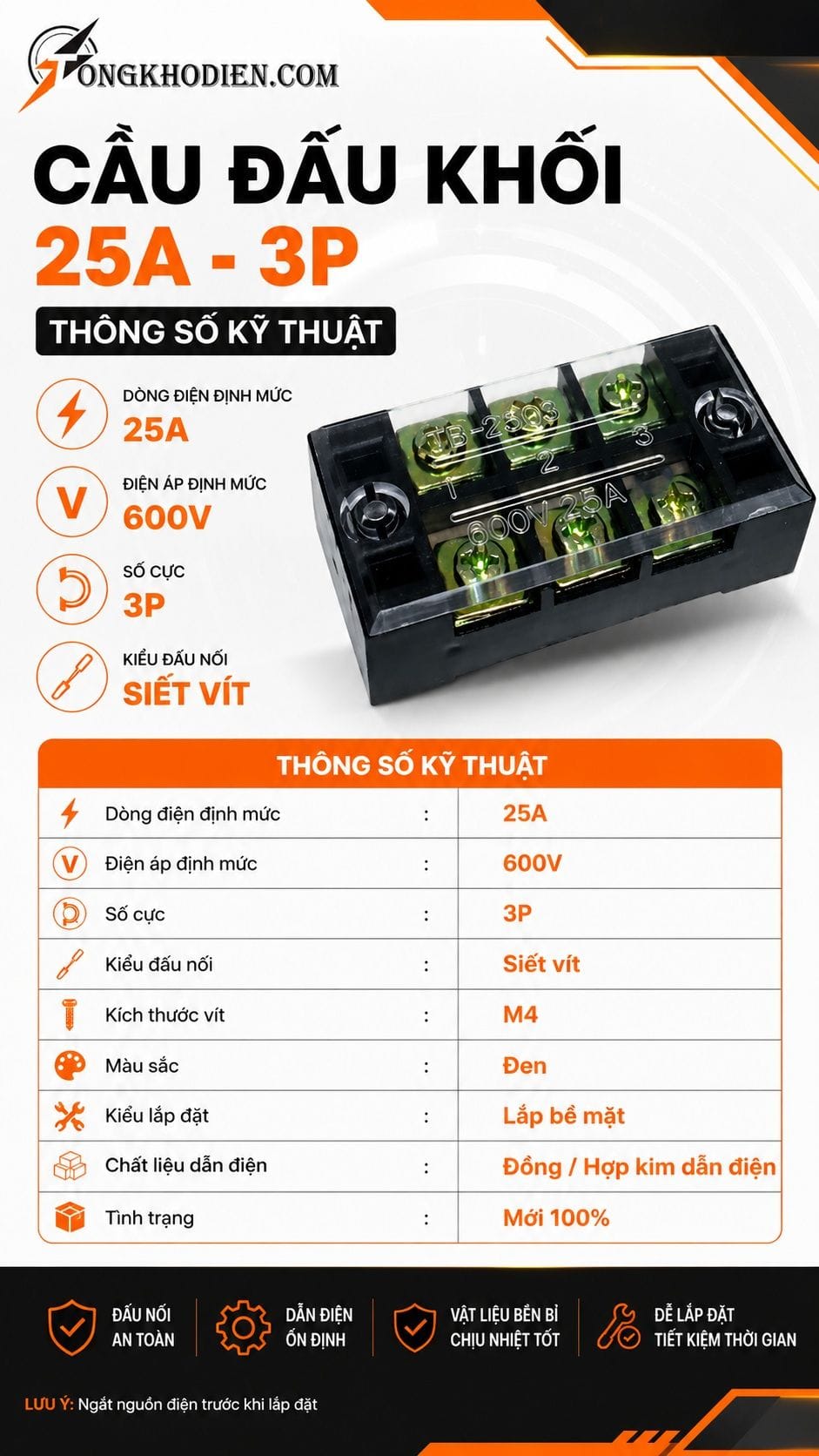 Cầu Đấu Dây Điện 25A 3 Cực An Toàn Dễ Lắp Đặt 6 Thông số kỹ thuật cầu đấu dây điện 25A 3 cực