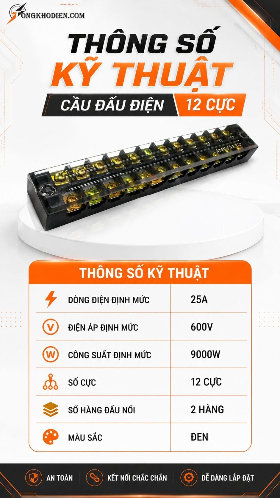 Cầu Đấu Điện 12 Cực 25A 600V An Toàn Dễ Lắp Đặt 6 Thông số kỹ thuật cầu đấu điện 12 cực