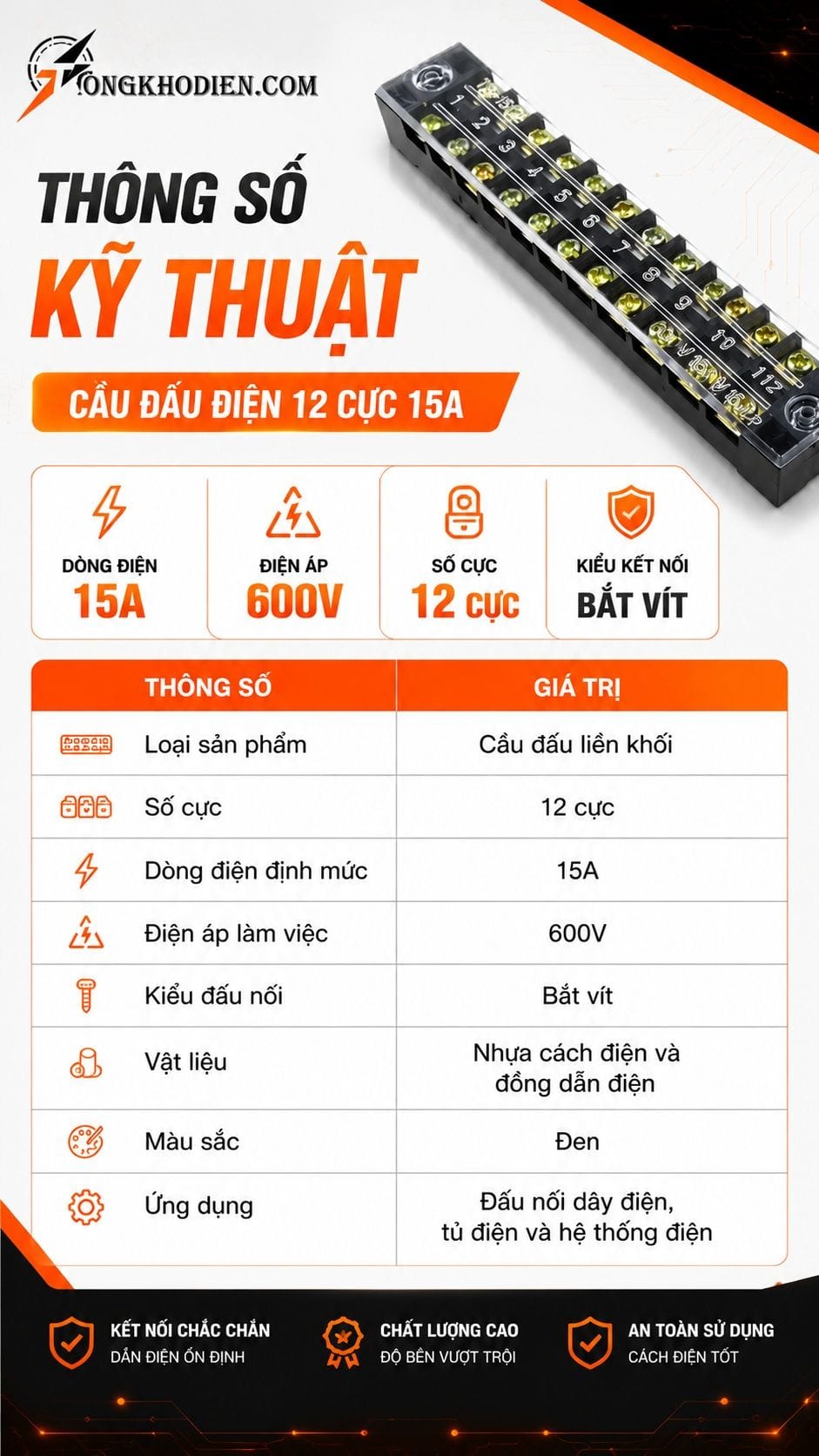 Thông số kỹ thuật cầu đấu điện 12 cực 15A