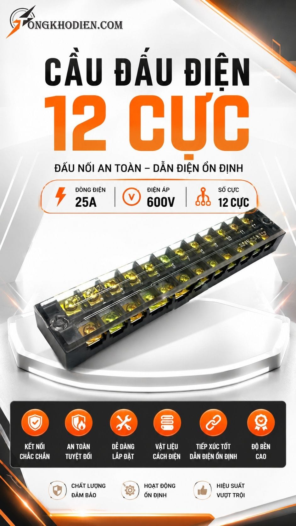 Cầu Đấu Điện 12 Cực 25A 600V An Toàn Dễ Lắp Đặt 5 Cầu đấu điện 12 cực 25A 600V