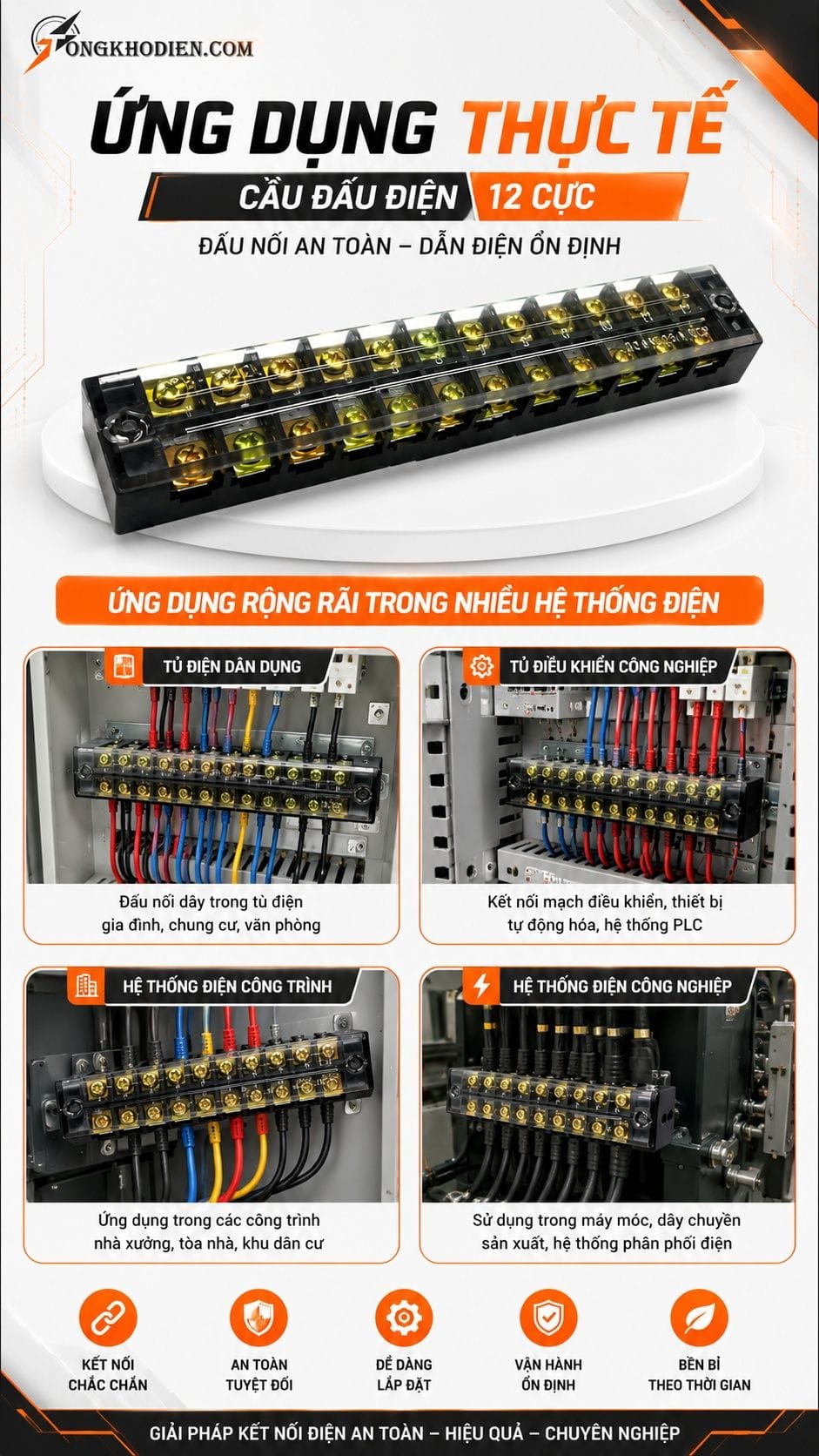 Cầu Đấu Điện 12 Cực 25A 600V An Toàn Dễ Lắp Đặt 7 Ứng dụng cầu đấu điện 12 cực