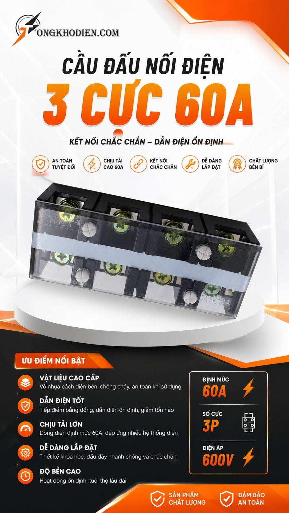 Cầu Đấu Điện 3 Cực 60A Kết Nối An Toàn Chịu Tải Cao 5 Cầu đấu điện 3 cực 60A