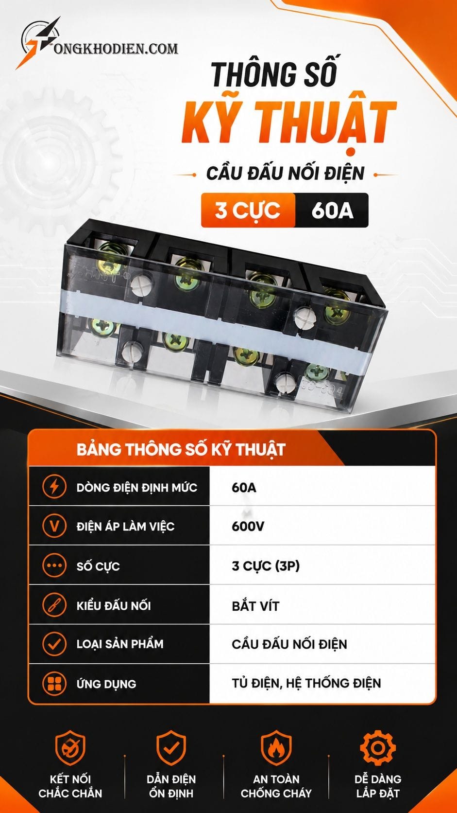 Cầu Đấu Điện 3 Cực 60A Kết Nối An Toàn Chịu Tải Cao 6 Thông số kỹ thuật cầu đấu điện 3 cực 60A