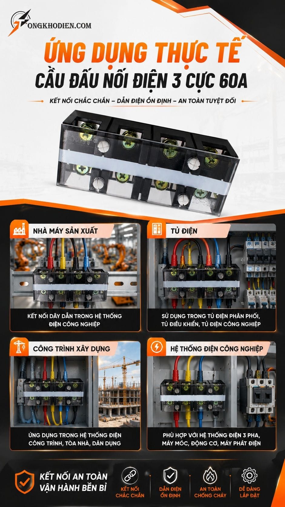Cầu Đấu Điện 3 Cực 60A Kết Nối An Toàn Chịu Tải Cao 7 Ứng dụng cầu đấu điện 3 cực 60A