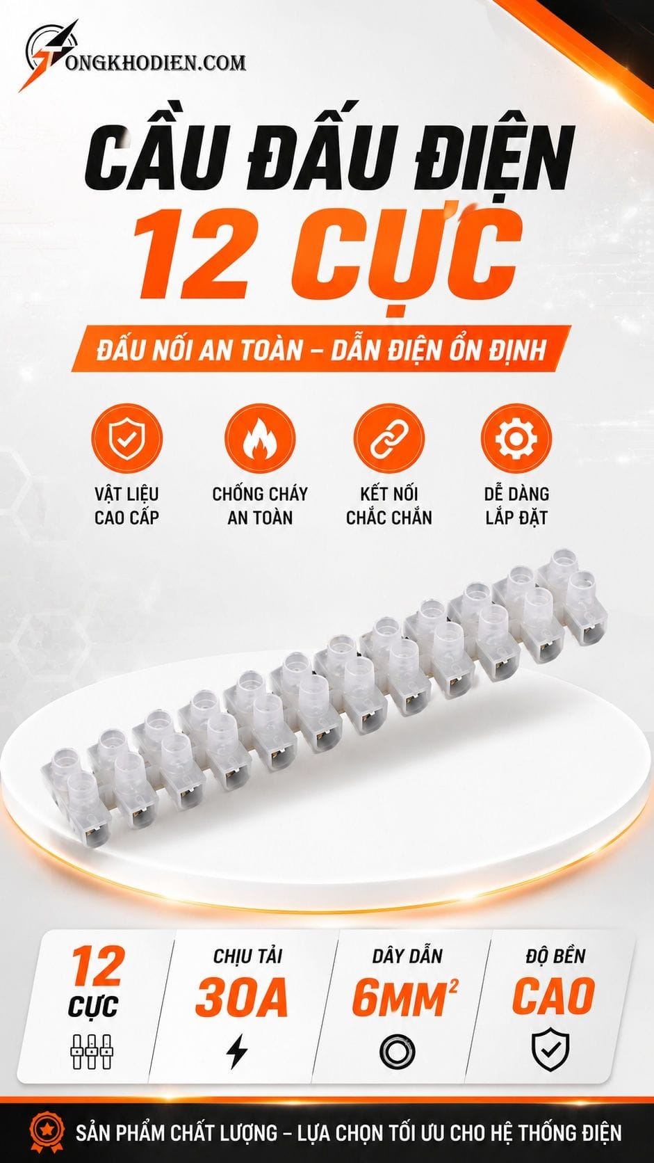 Cầu Đấu Điện 30A 12 Cực Chống Cháy An Toàn 5 Cầu đấu điện 12 cực 30A