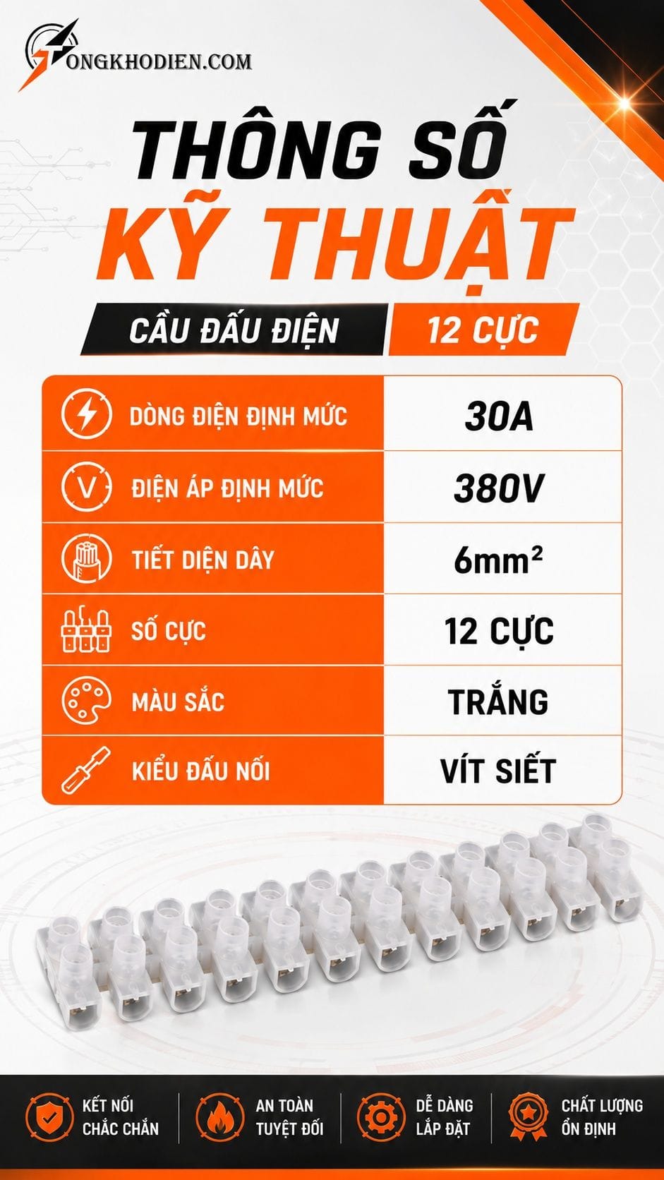 Cầu Đấu Điện 30A 12 Cực Chống Cháy An Toàn 6 Thông số kỹ thuật cầu đấu điện 30A