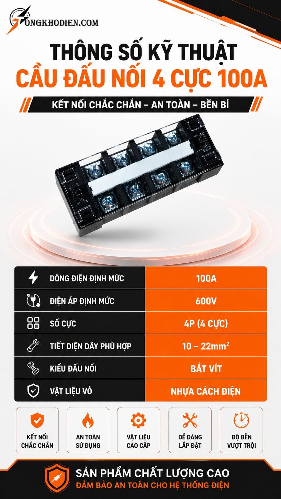 Cầu Đấu Điện 4 Cực 100A Chịu Tải Cao An Toàn 6 Thông số kỹ thuật cầu đấu điện 4 cực 100A