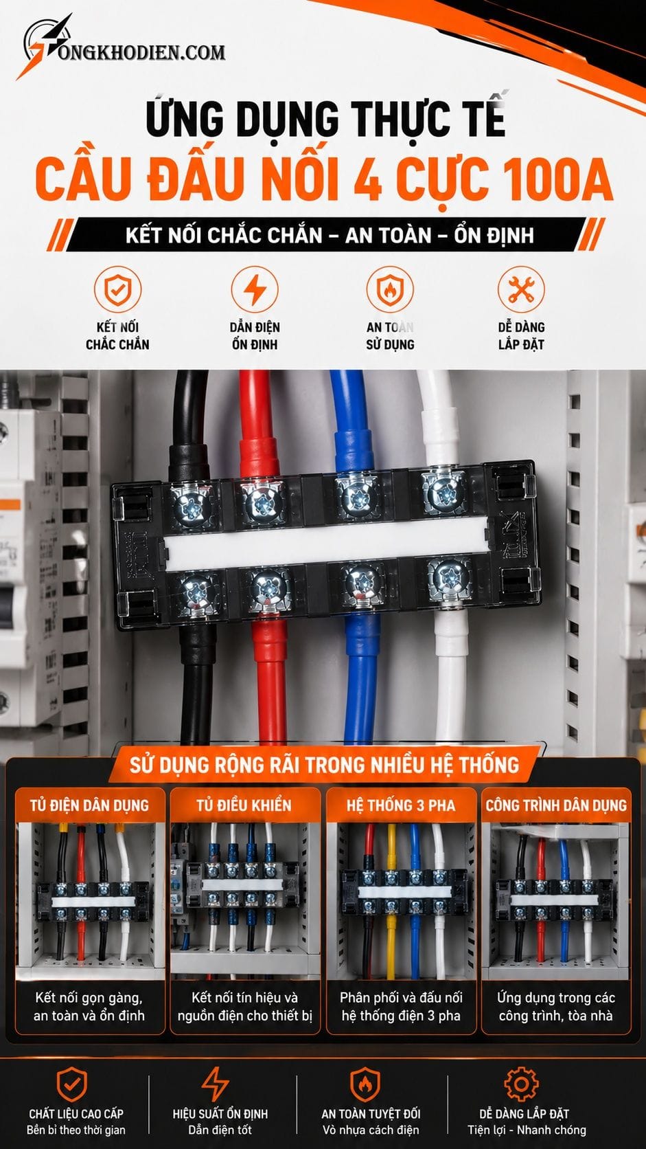 Cầu Đấu Điện 4 Cực 100A Chịu Tải Cao An Toàn 7 Ứng dụng cầu đấu điện 4 cực 100A