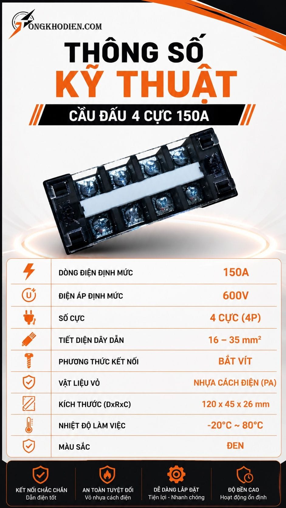 Cầu Đấu Điện 4 Cực 150A Chịu Tải Cao An Toàn 6 Thông số kỹ thuật cầu đấu điện 4 cực 150A