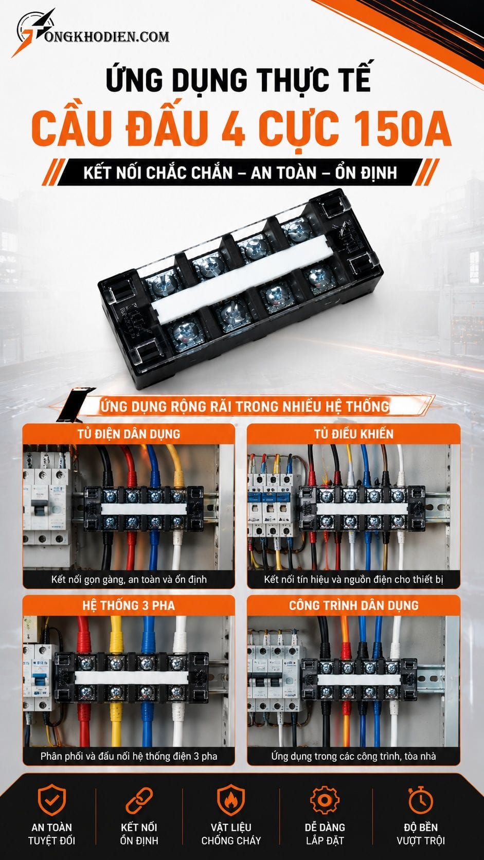 Cầu Đấu Điện 4 Cực 150A Chịu Tải Cao An Toàn 7 Ứng dụng cầu đấu điện 4 cực 150A