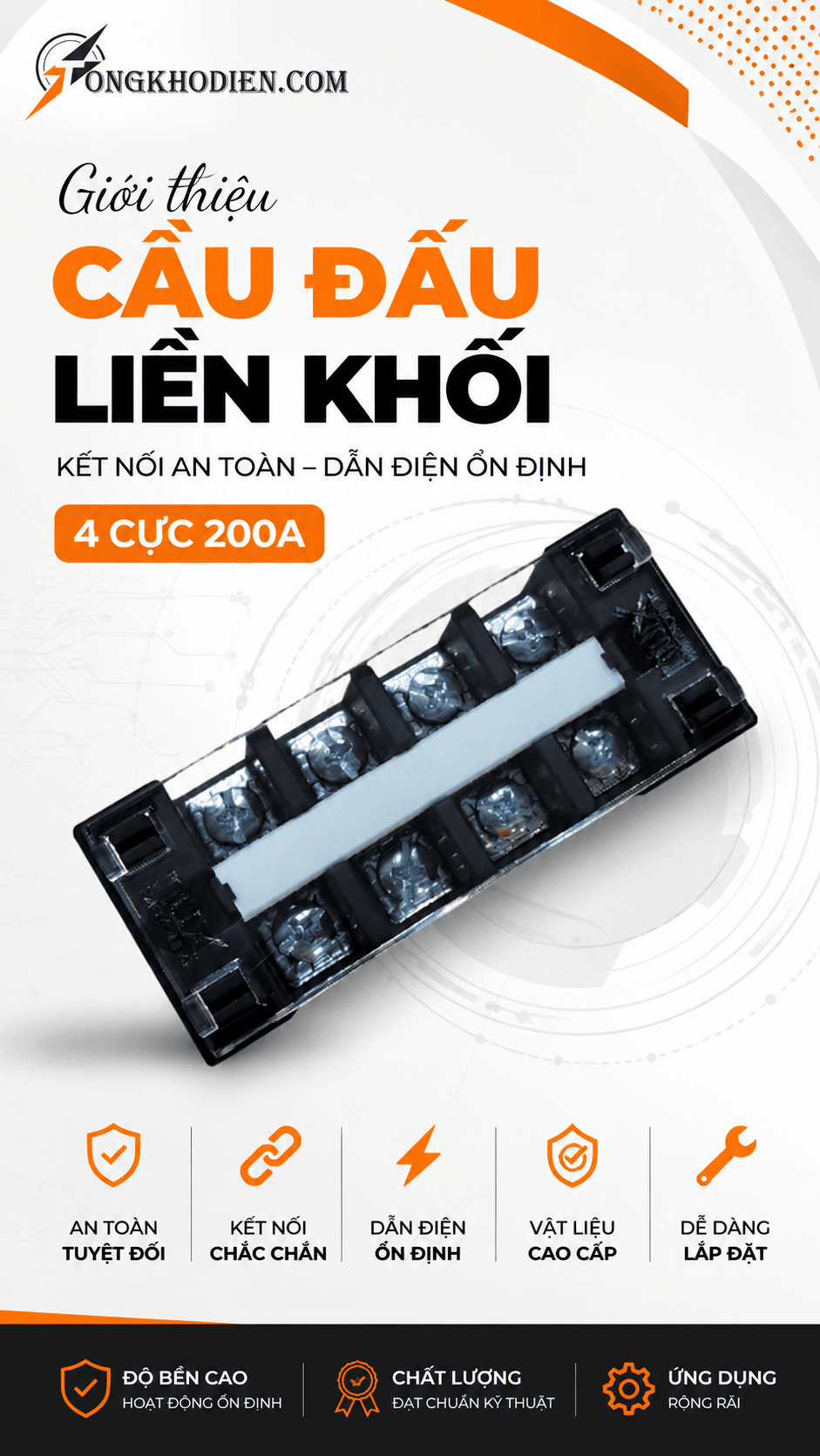 Cầu Đấu Điện 4 Cực 200A Chịu Tải Cao Cho Tủ Điện 5 Cầu đấu điện 4 cực 200A