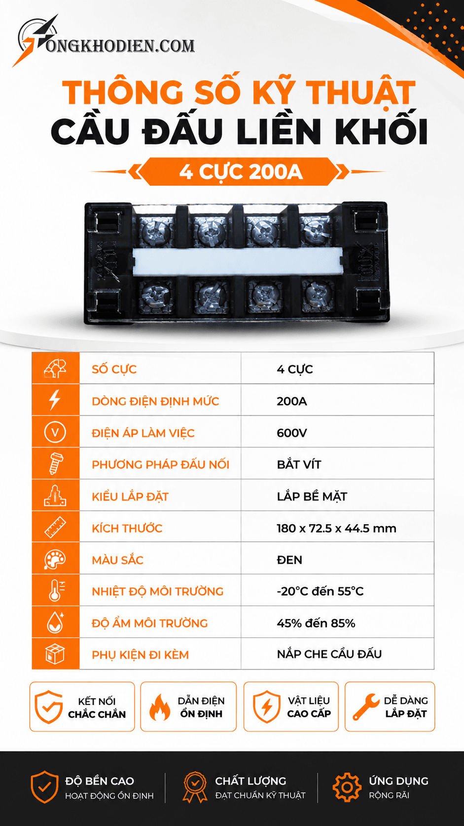 Cầu Đấu Điện 4 Cực 200A Chịu Tải Cao Cho Tủ Điện 6 Thông số kỹ thuật cầu đấu điện 4 cực 200A