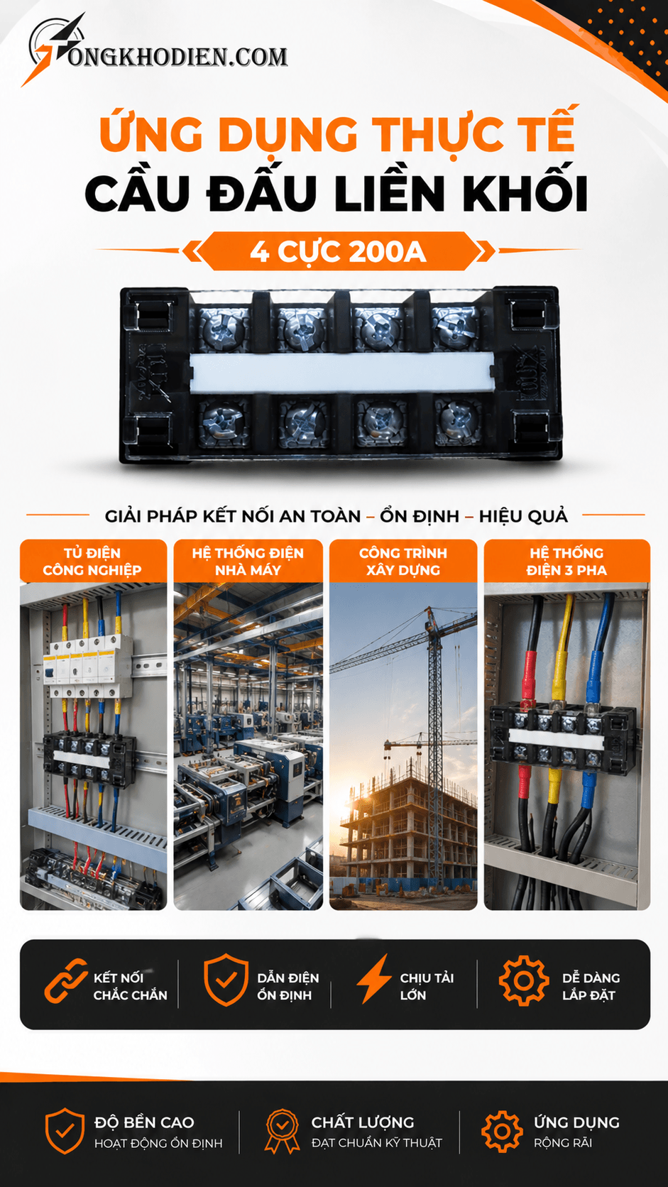 Cầu Đấu Điện 4 Cực 200A Chịu Tải Cao Cho Tủ Điện 7 Ứng dụng cầu đấu điện 4 cực 200A