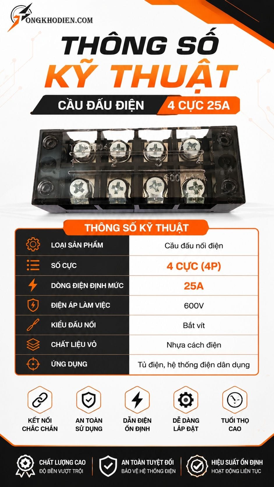 Cầu Đấu Điện 4 Cực 25A Kết Nối An Toàn 6 Thông số kỹ thuật cầu đấu điện 4 cực 25A