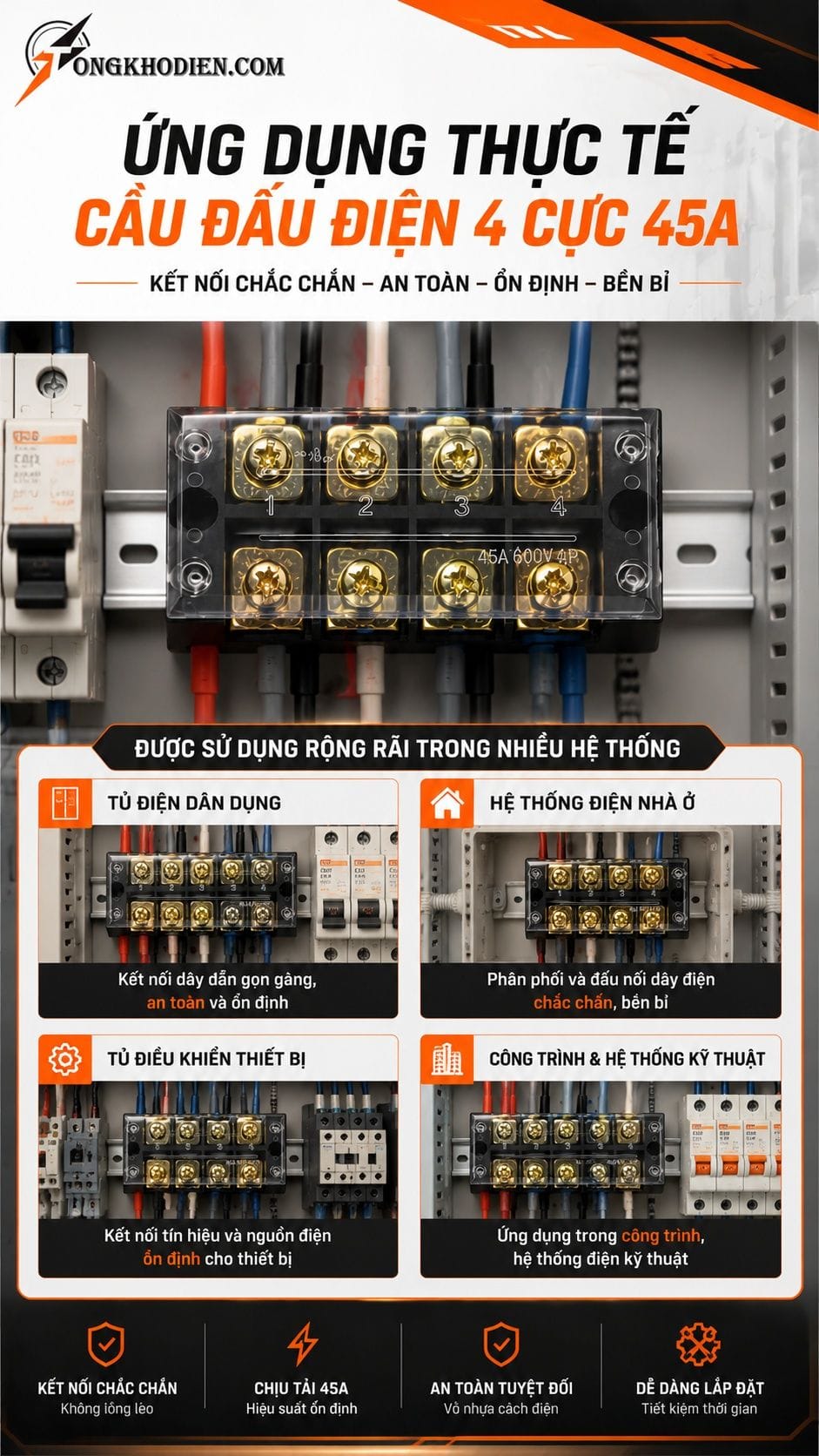 Cầu Đấu Điện 4 Cực 45A Kết Nối Chắc Chắn An Toàn 8 Ứng dụng cầu đấu điện 4 cực 45A