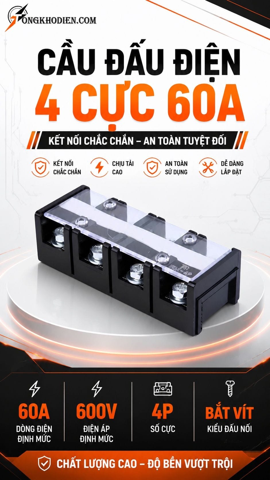 Cầu Đấu Điện 4 Cực 60A Kết Nối An Toàn 6 Cầu đấu điện 4 cực 60A