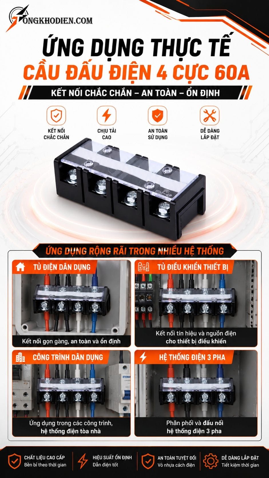 Cầu Đấu Điện 4 Cực 60A Kết Nối An Toàn 8 Ứng dụng cầu đấu điện 4 cực 60A