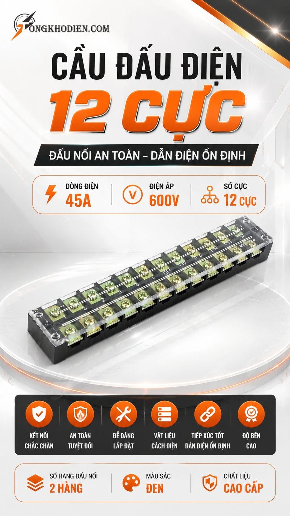 Cầu Đấu Điện 45A 12 Cực 600V Kết Nối An Toàn 5 Cầu đấu điện 12 cực 45A 600V