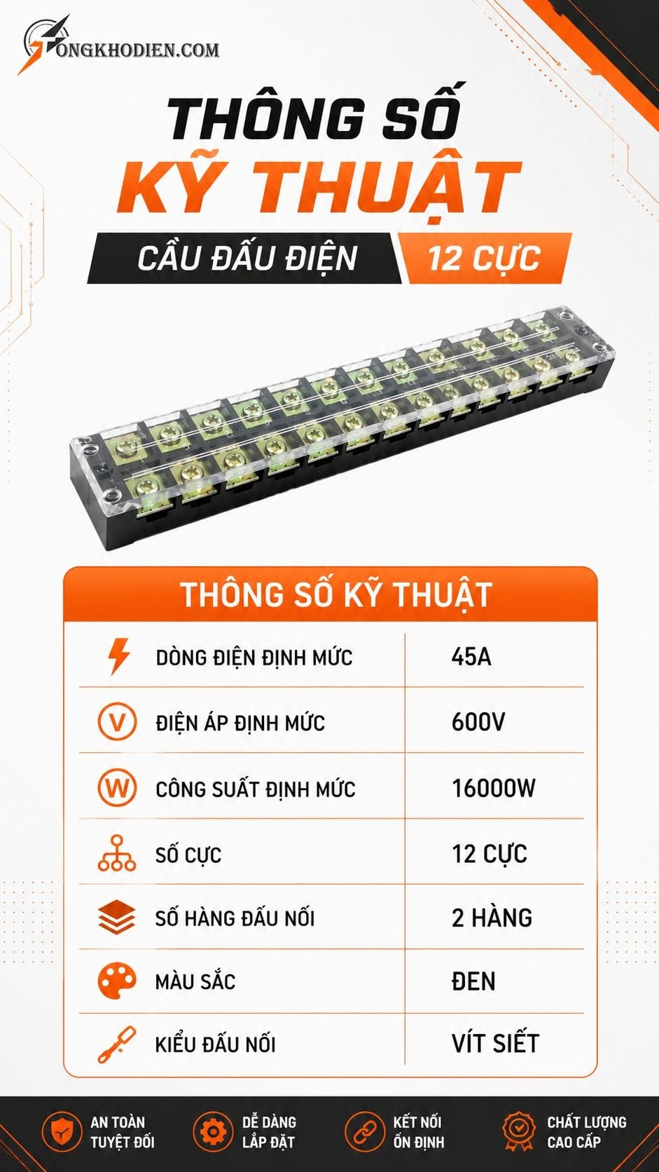 Cầu Đấu Điện 45A 12 Cực 600V Kết Nối An Toàn 6 Thông số kỹ thuật cầu đấu điện 45A