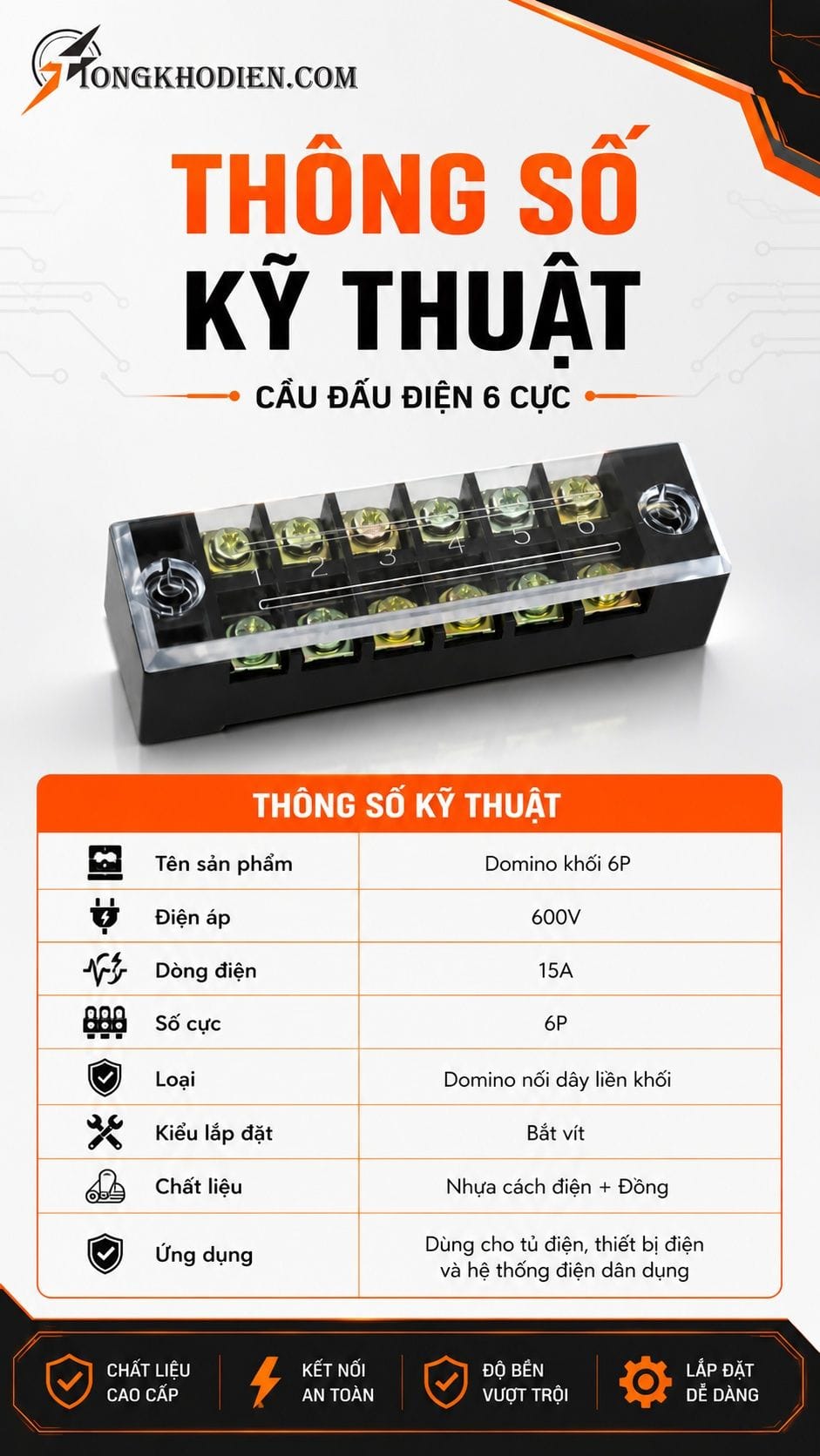 Cầu Đấu Điện 6 Cực Kết Nối An Toàn Cho Hệ Thống Điện 6 Thông số kỹ thuật cầu đấu điện 6 cực