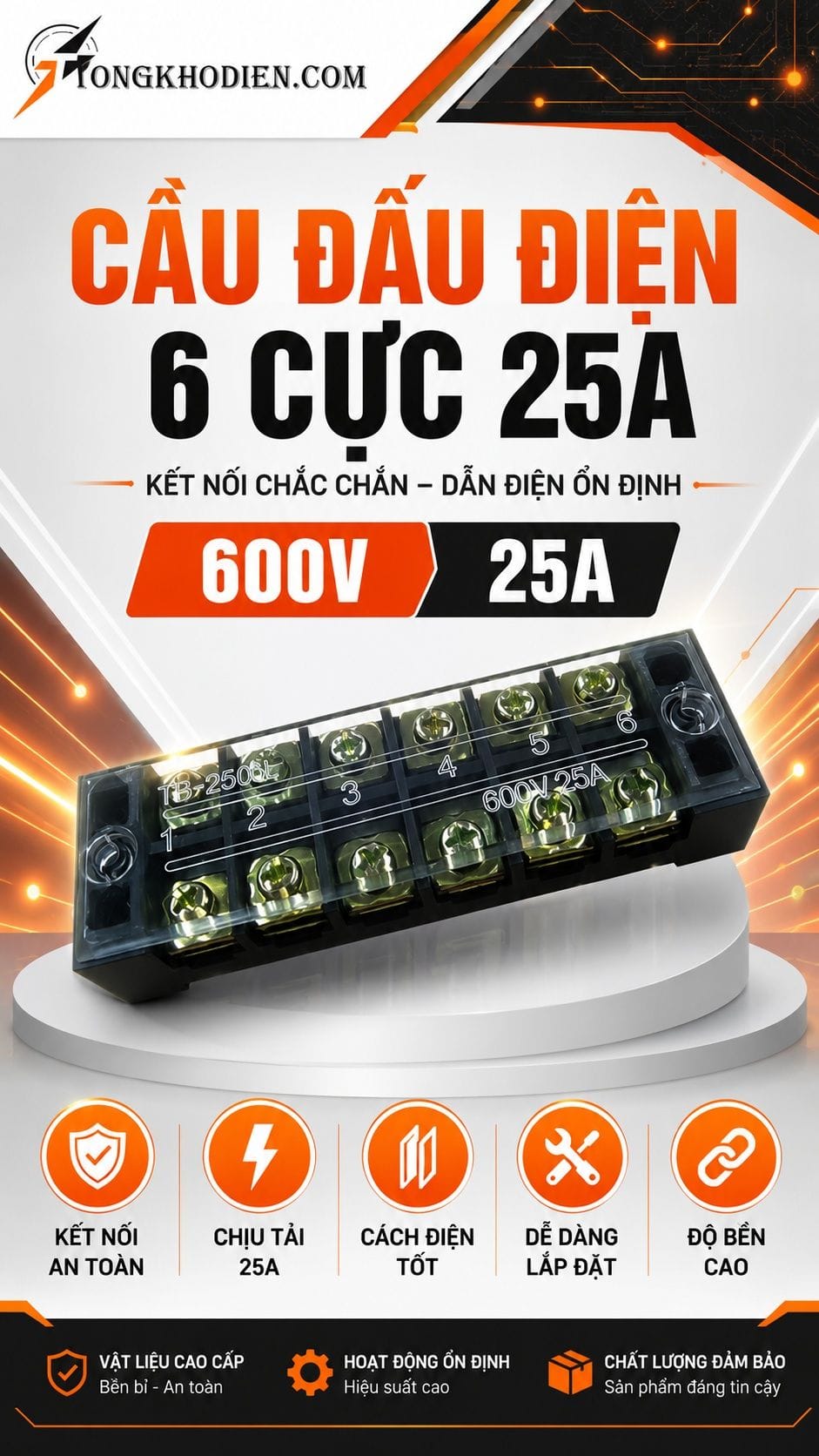 Cầu đấu điện 6 cực 25A