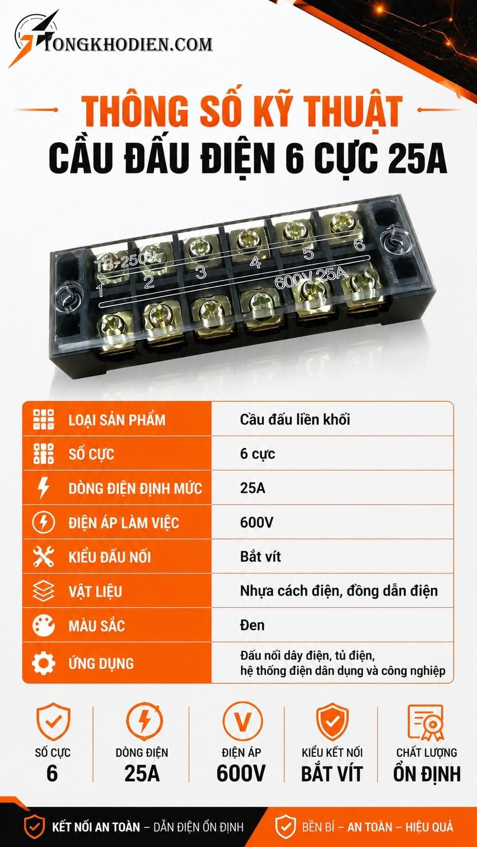 Thông số kỹ thuật cầu đấu điện 6 cực 25A