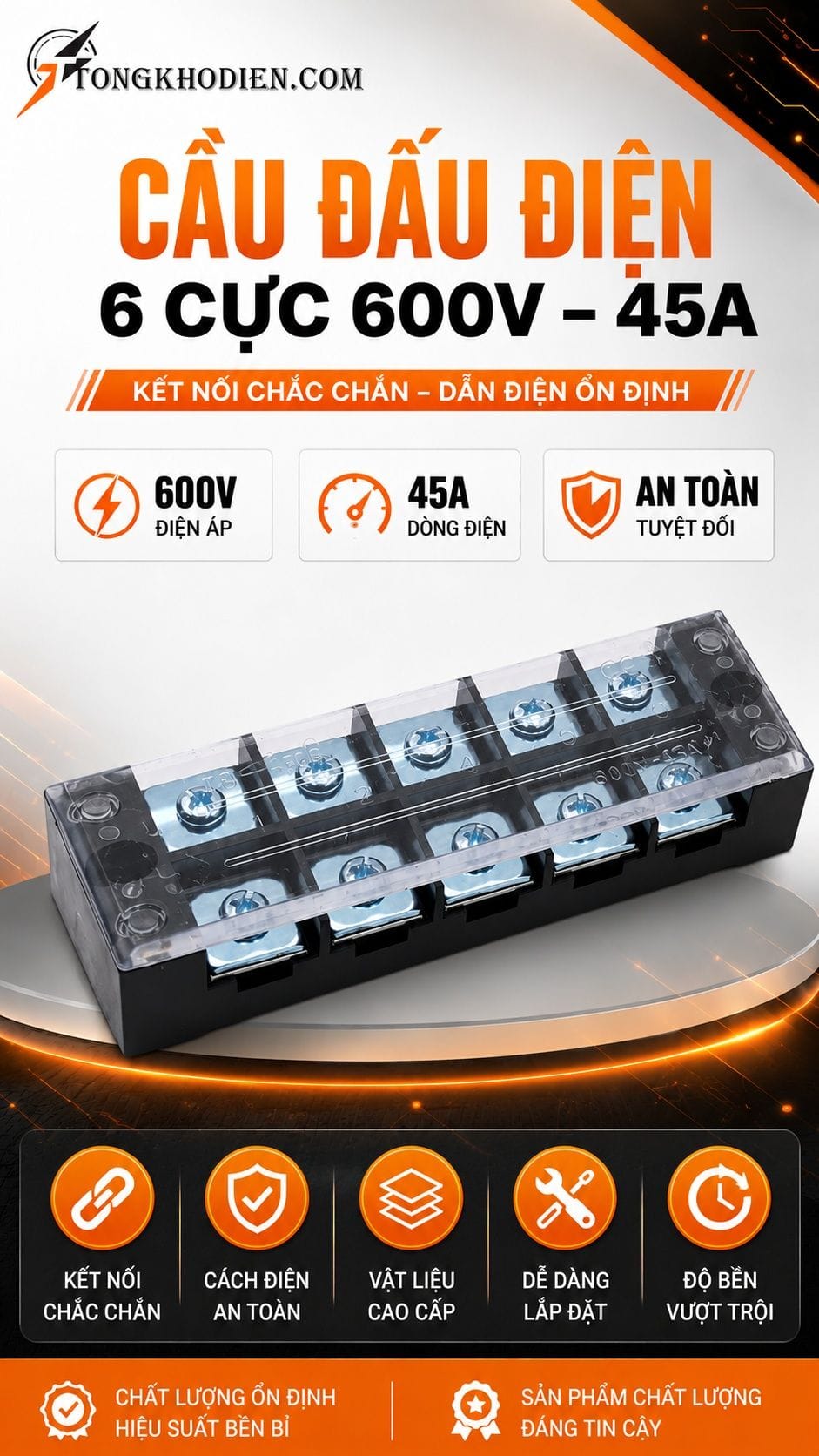 Cầu Đấu Điện 6 Cực 45A Chịu Tải Cao An Toàn 5 Cầu đấu điện 6 cực 45A