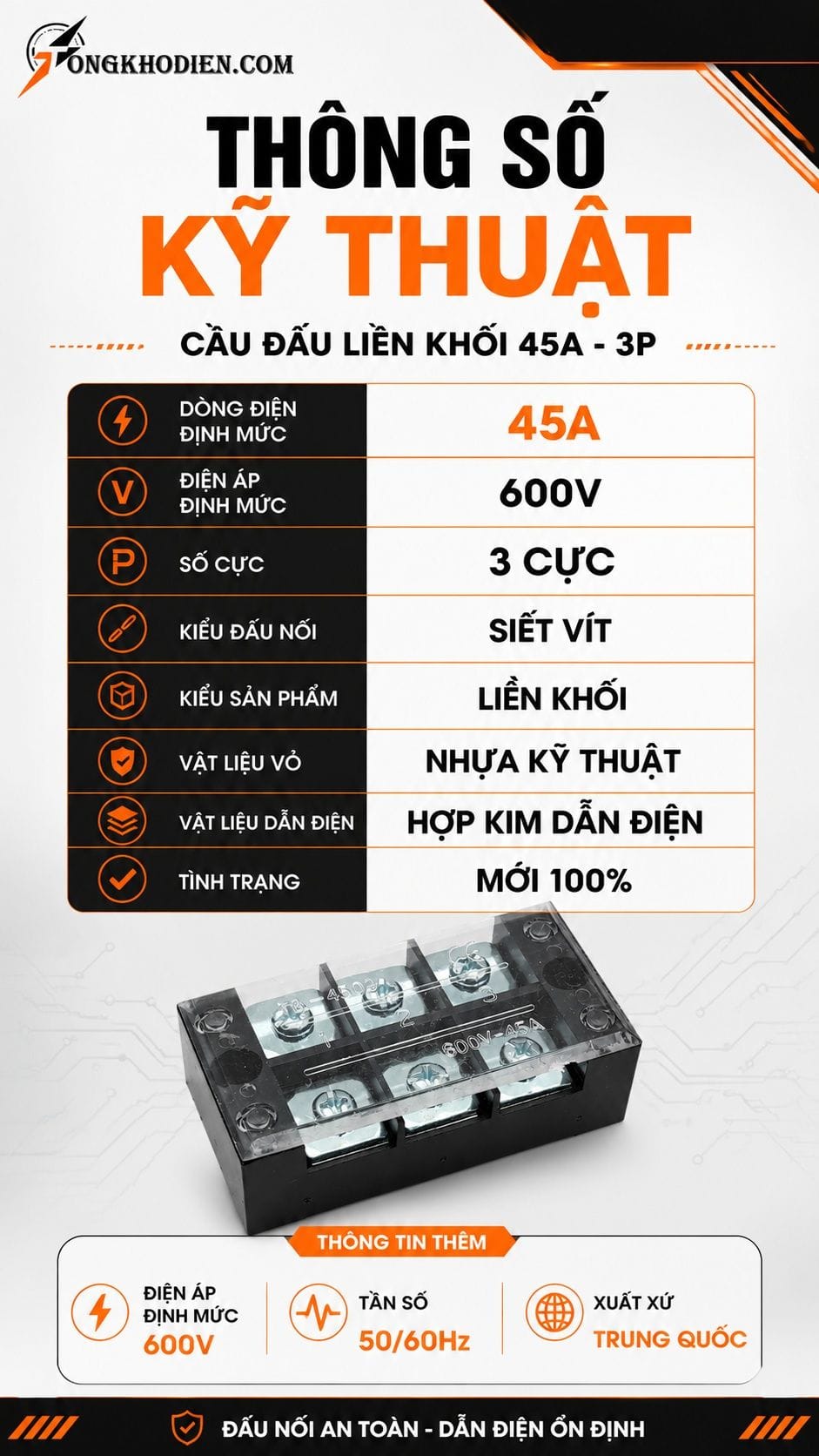 Cầu Đấu Liền Khối 45A 3 Cực Dẫn Điện Ổn Định 6 Thông số kỹ thuật cầu đấu liền khối 45A 3 cực