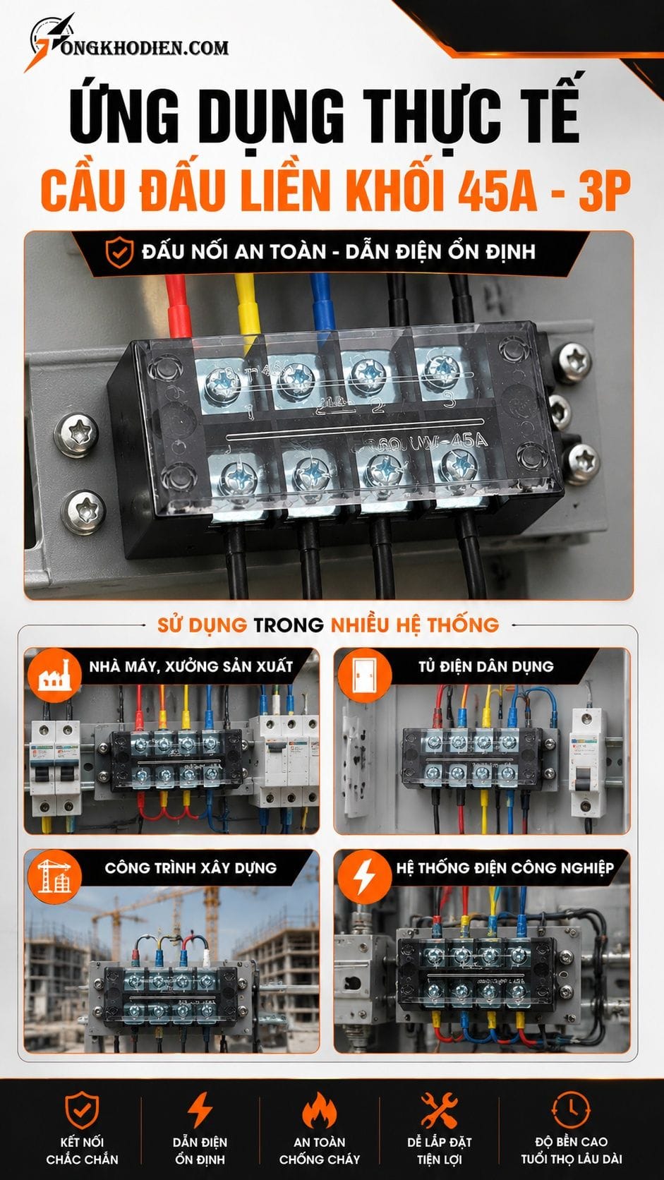 Cầu Đấu Liền Khối 45A 3 Cực Dẫn Điện Ổn Định 7 Ứng dụng thực tế cầu đấu liền khối 45A 3 cực