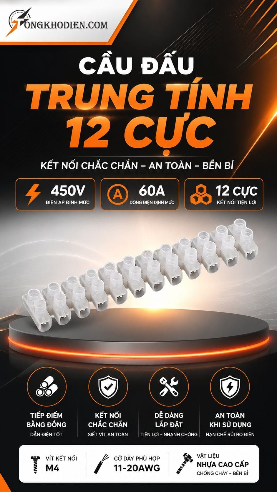 Cầu Đấu Trung Tính 12 Cực 60A Cho Tủ Điện 5 Cầu đấu trung tính 12 cực 60A