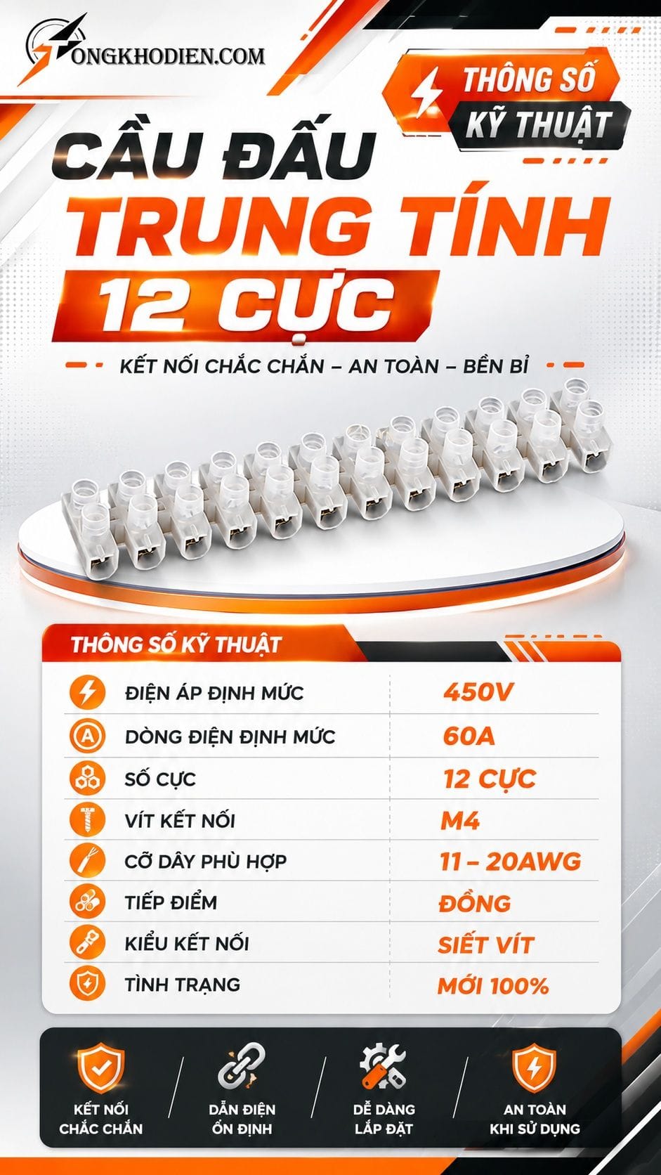 Cầu Đấu Trung Tính 12 Cực 60A Cho Tủ Điện 6 Thông số kỹ thuật cầu đấu trung tính 12 cực 60A