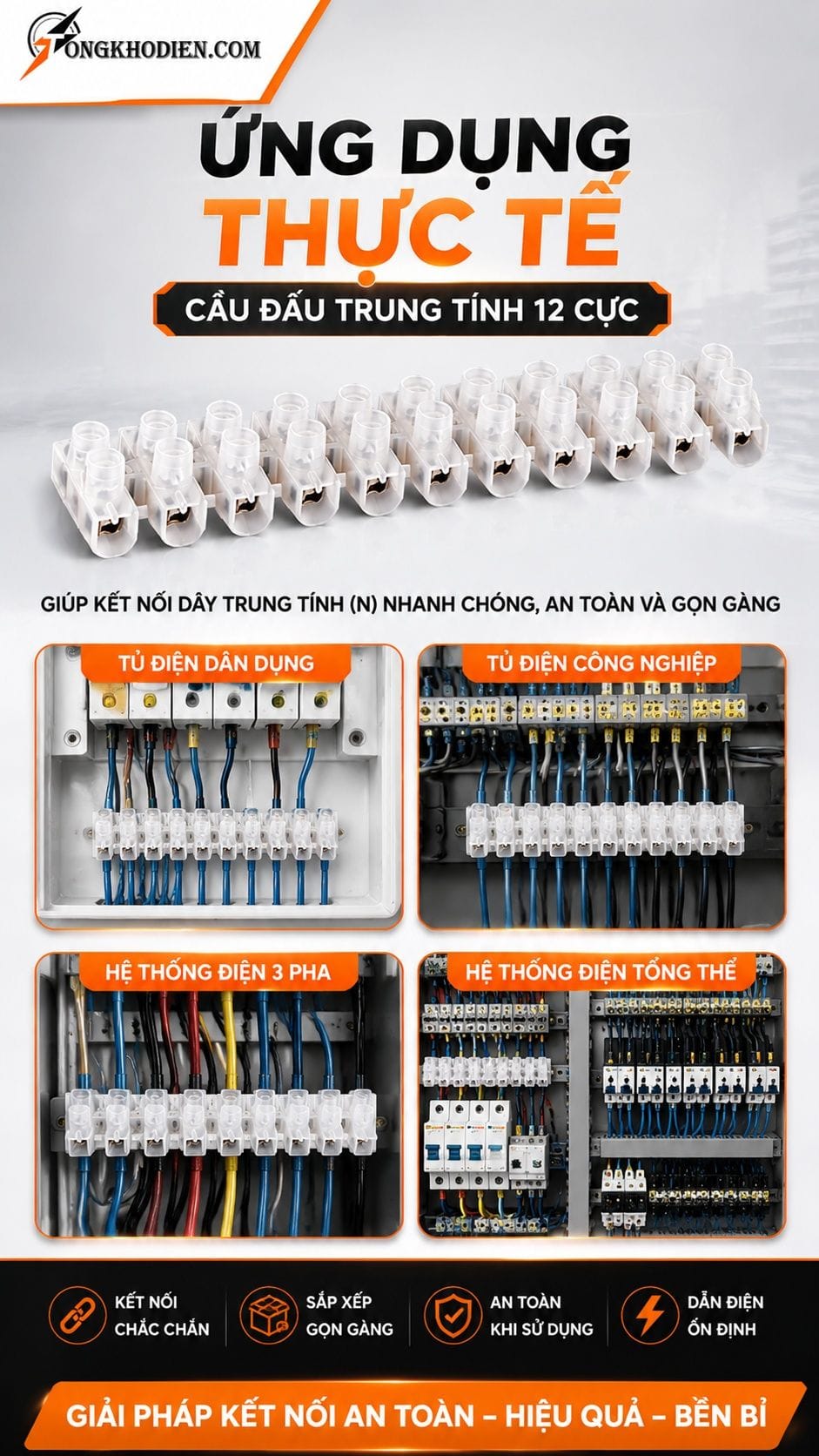 Cầu Đấu Trung Tính 12 Cực 60A Cho Tủ Điện 7 Ứng dụng cầu đấu trung tính 12 cực 60A