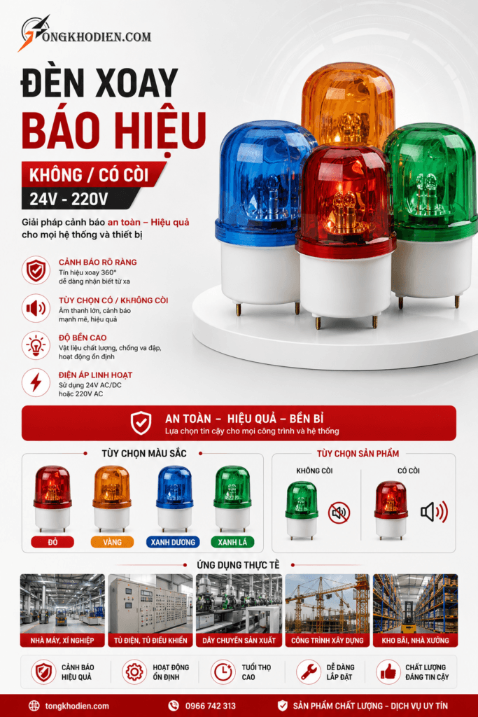 Đèn Xoay Báo Hiệu Không Còi 220V Chính Hãng, Độ Sáng Cao 9 đèn xoay báo hiệu có - không còi 24V-220V