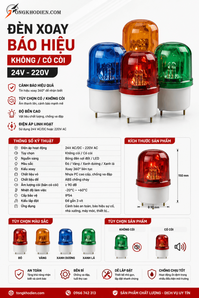 Đèn Xoay Báo Hiệu Không Còi 220V Chính Hãng, Độ Sáng Cao 10 đèn xoay báo hiệu có - không còi 24V-220V