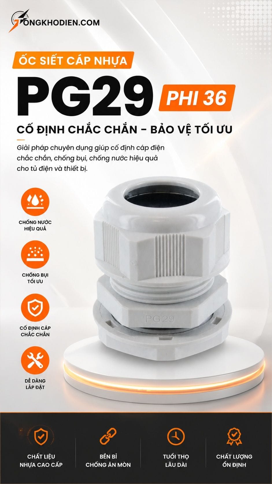 Ốc Siết Cáp Nhựa PG29 Phi 36 Chống Nước Cho Tủ Điện 5 Ốc siết cáp nhựa PG29 phi 36