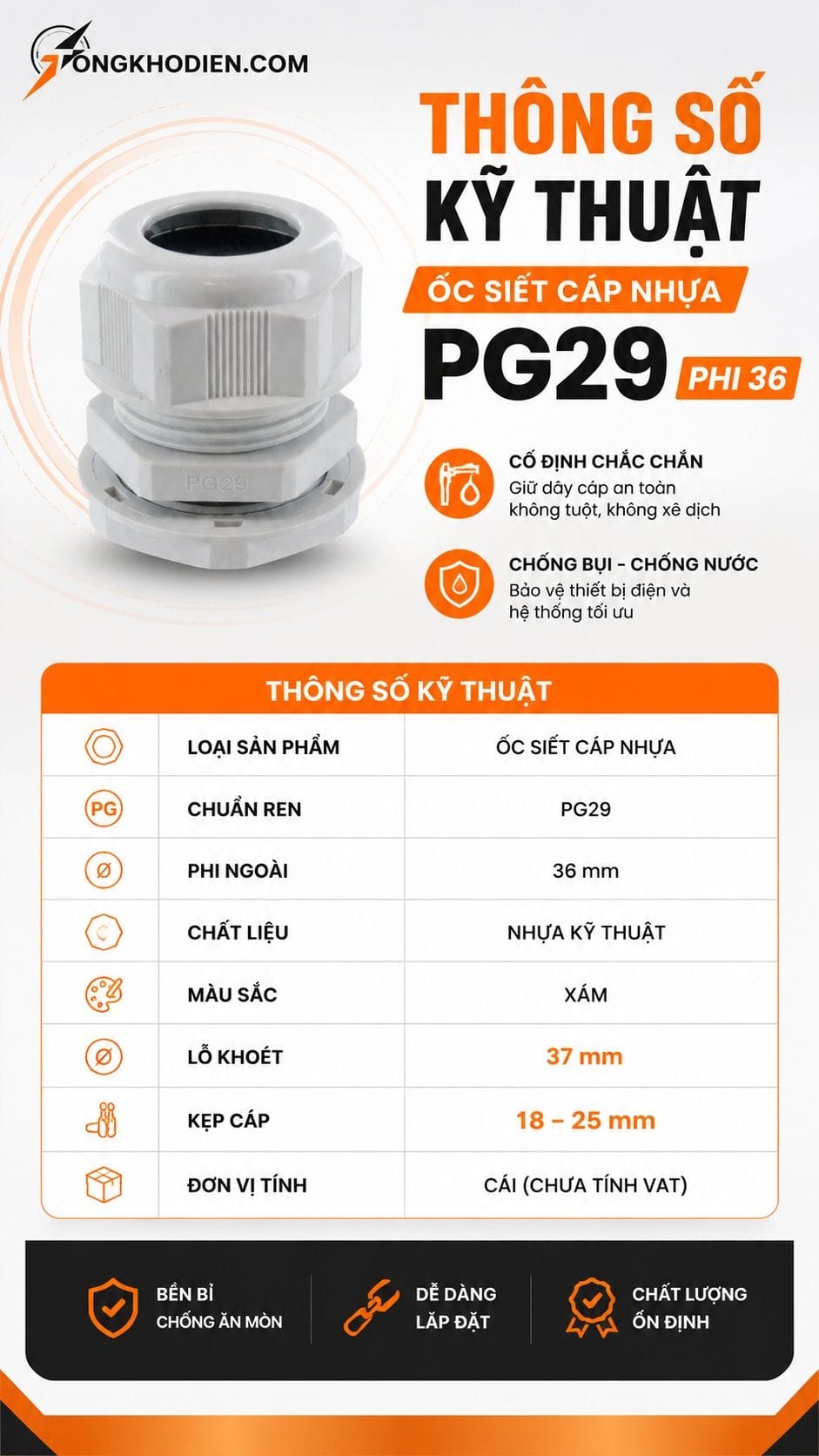 Ốc Siết Cáp Nhựa PG29 Phi 36 Chống Nước Cho Tủ Điện 6 Thông số kỹ thuật ốc siết cáp nhựa PG29 phi 36
