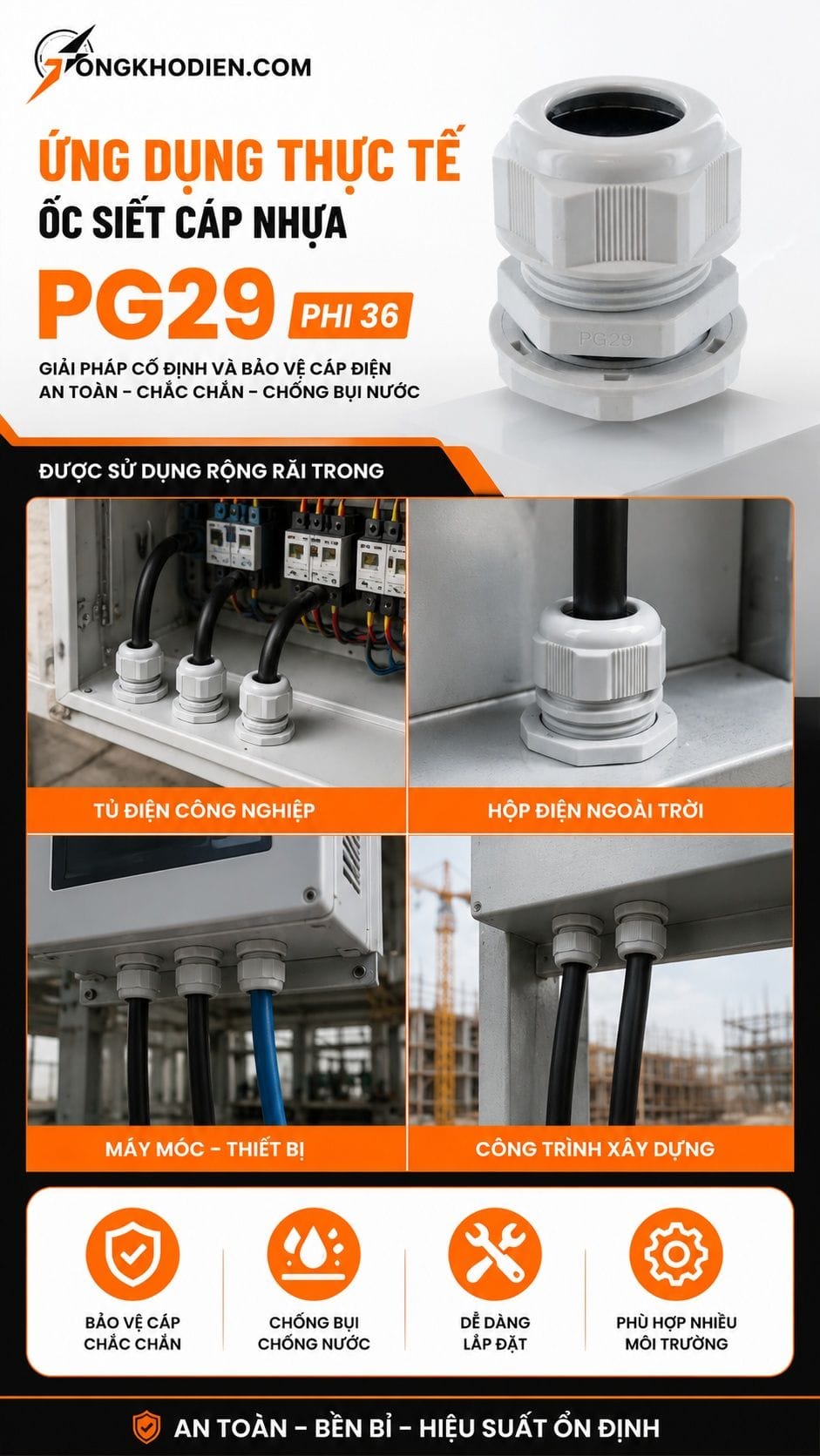 Ốc Siết Cáp Nhựa PG29 Phi 36 Chống Nước Cho Tủ Điện 7 Ứng dụng thực tế ốc siết cáp nhựa PG29 phi 36