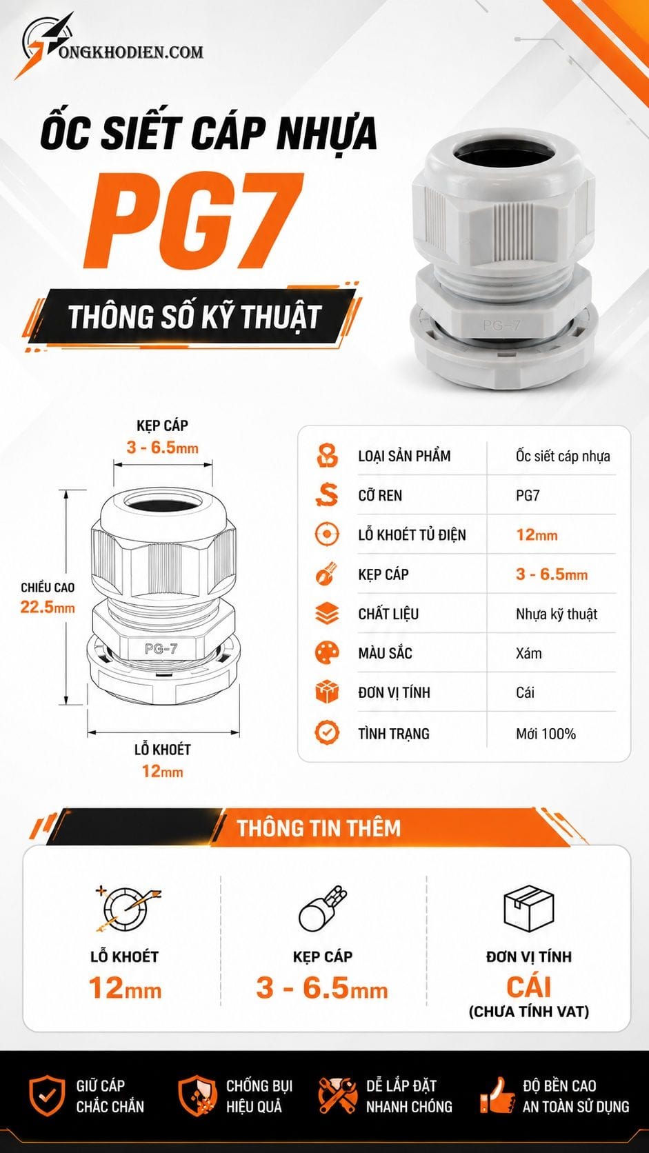 Ốc Siết Cáp Nhựa PG7 Lỗ Khoét 12mm An Toàn 6 Thông số kỹ thuật ốc siết cáp nhựa PG7