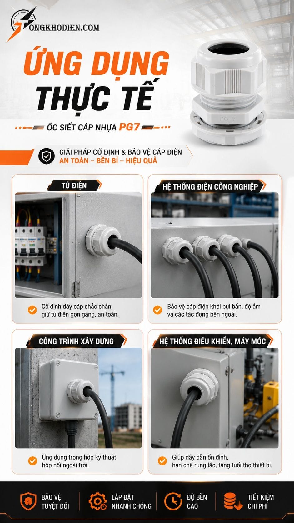 Ốc Siết Cáp Nhựa PG7 Lỗ Khoét 12mm An Toàn 7 Ứng dụng ốc siết cáp nhựa PG7