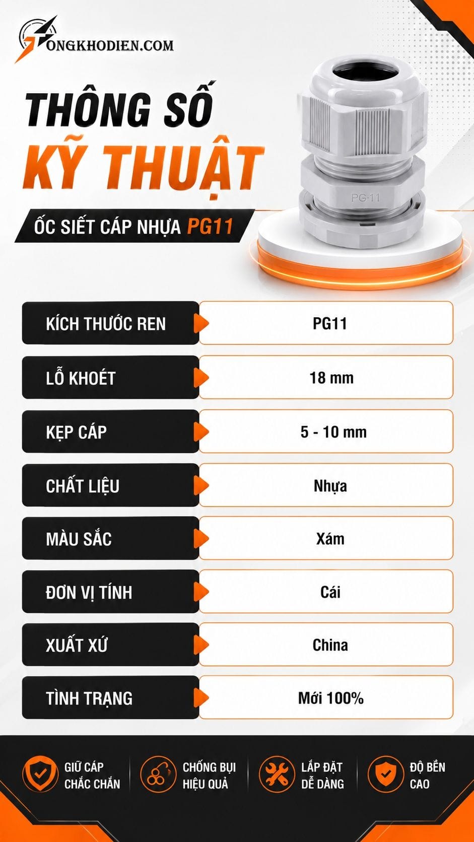 Thông số kỹ thuật ốc siết cáp nhựa PG11