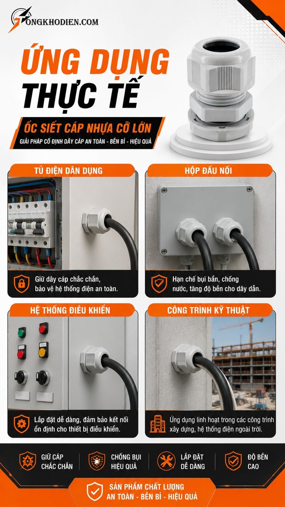 Ốc Siết Cáp Nhựa Cỡ Lớn Lỗ Khoét 20mm 7 Ứng dụng ốc siết cáp nhựa PG13.5
