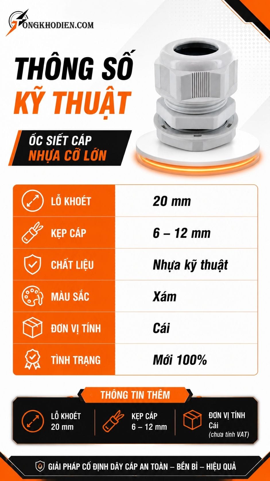 Ốc Siết Cáp Nhựa Cỡ Lớn Lỗ Khoét 20mm 6 Thông số kỹ thuật ốc siết cáp nhựa PG13.5