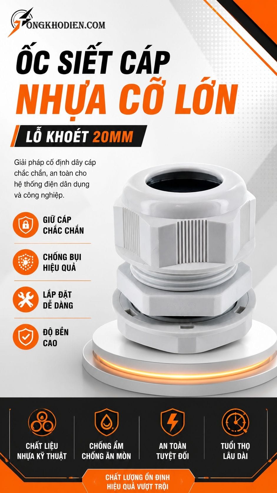 Ốc Siết Cáp Nhựa Cỡ Lớn Lỗ Khoét 20mm 5 Ốc siết cáp nhựa PG13.5